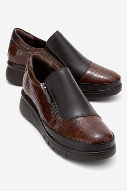 Kadın Hakiki Deri Kahve Kroko Desenli 5 cm Dolgu Topuklu Loafer Günlük Ayakkabı Floriana