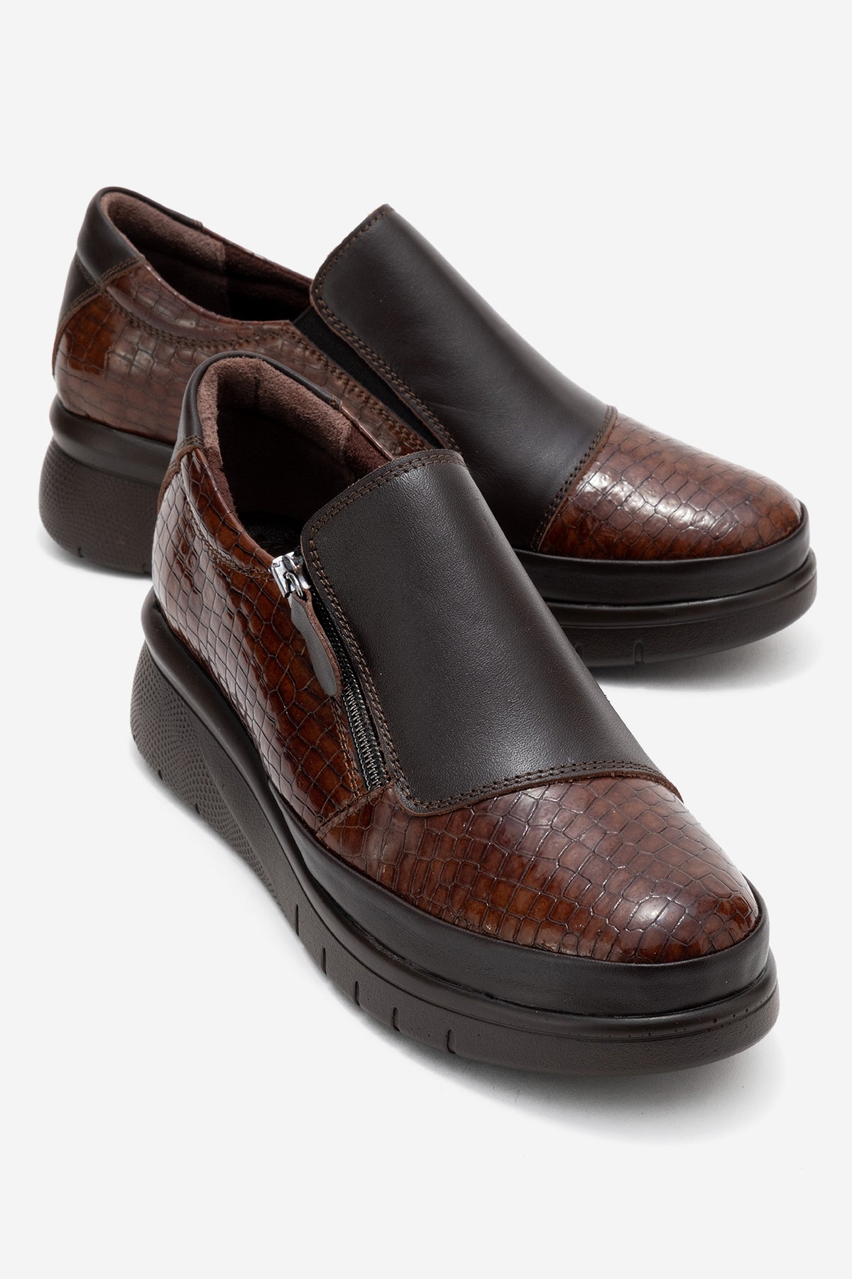 Kadın Hakiki Deri Kahve Kroko Desenli 5 cm Dolgu Topuklu Loafer Günlük Ayakkabı Floriana