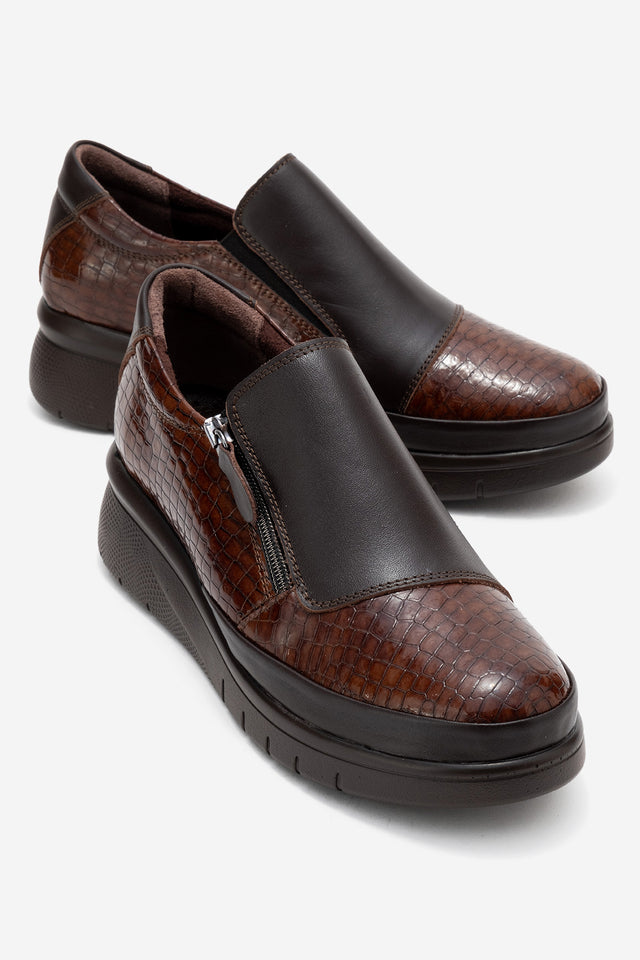 Kadın Hakiki Deri Kahve Kroko Desenli 5 cm Dolgu Topuklu Loafer Günlük Ayakkabı Floriana