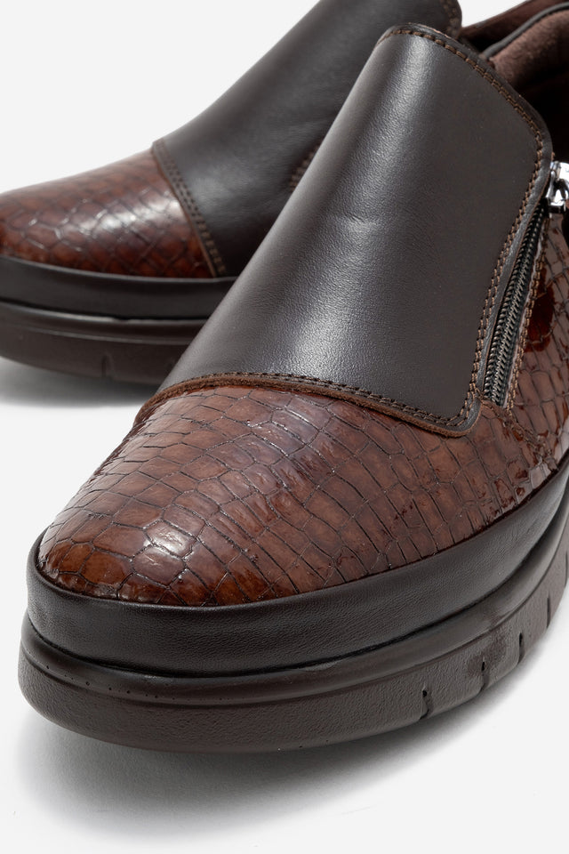 Kadın Hakiki Deri Kahve Kroko Desenli 5 cm Dolgu Topuklu Loafer Günlük Ayakkabı Floriana