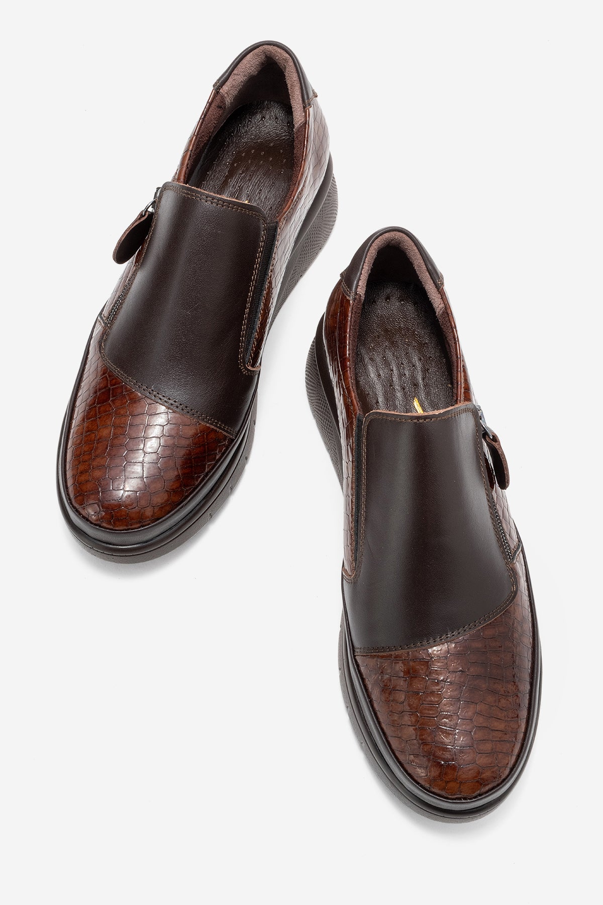 Kadın Hakiki Deri Kahve Kroko Desenli 5 cm Dolgu Topuklu Loafer Günlük Ayakkabı Floriana