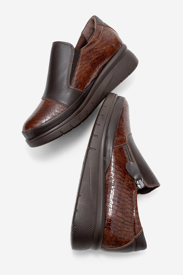 Kadın Hakiki Deri Kahve Kroko Desenli 5 cm Dolgu Topuklu Loafer Günlük Ayakkabı Floriana