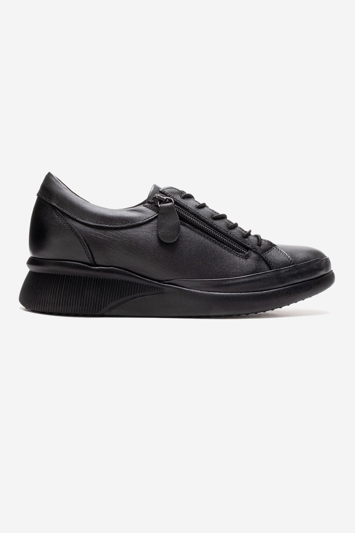 Kadın Hakiki Deri Siyah Bağcıklı Fermuarlı 4 cm Alçak Dolgu Topuklu Sneaker Karla
