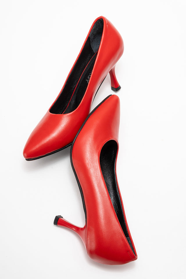 Kadın Hakiki Deri Kırmızı Sivri Burun 7 cm Orta Topuklu Stiletto Ayakkabı Vittoria