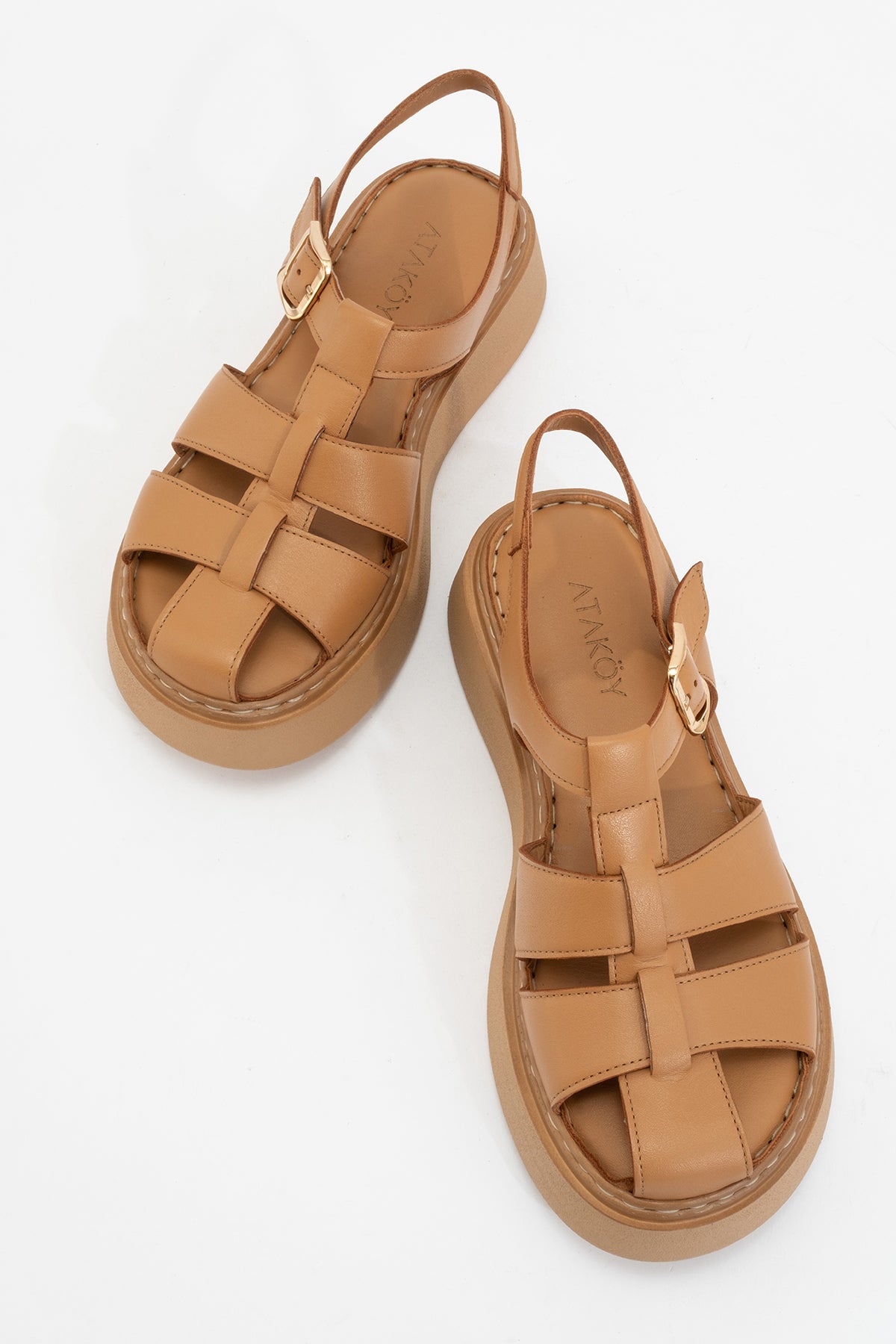 Kadın Hakiki Deri Taba Örgü Bantlı Dolgu Topuklu Sandalet Valeria