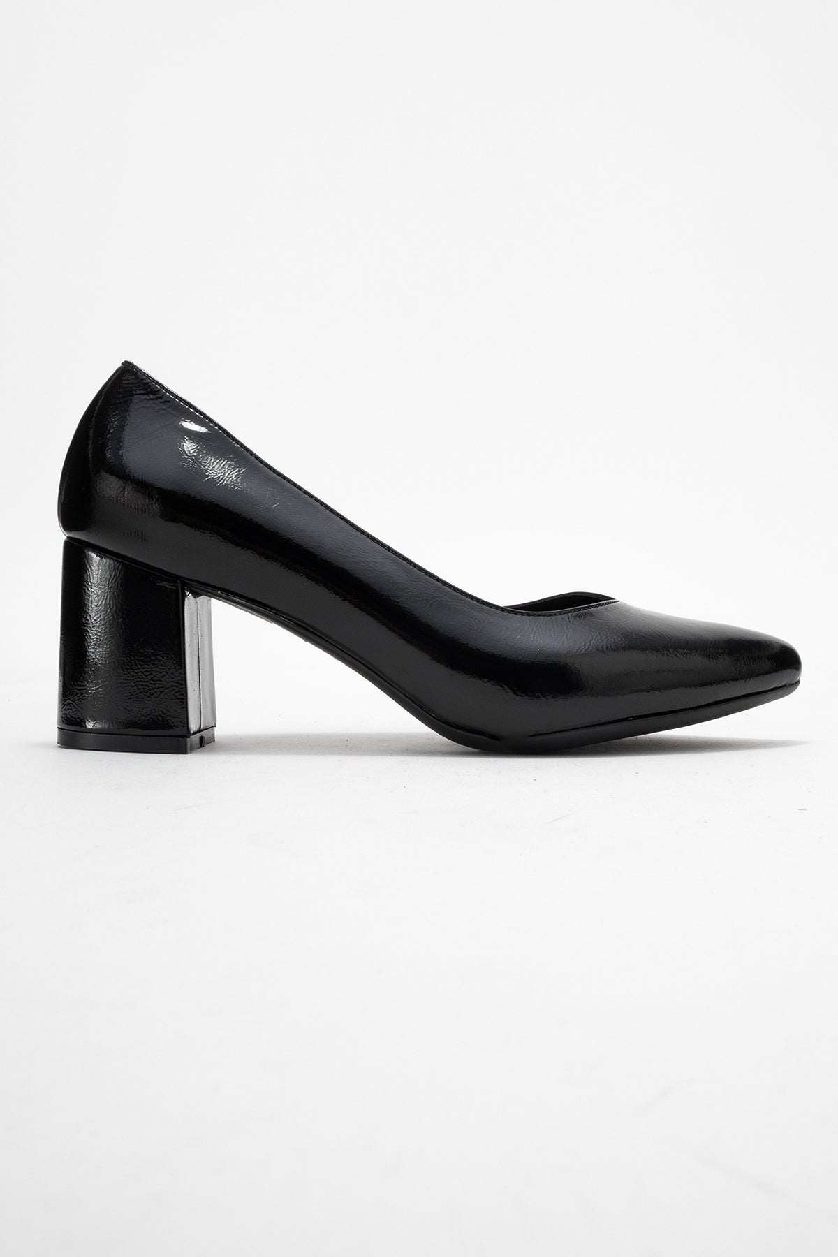 Kadın Hakiki Deri Siyah Dokulu Rugan Sivri Burun 7 cm Orta Kalın Topuklu Stiletto Margot