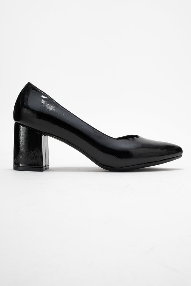 Kadın Hakiki Deri Siyah Dokulu Rugan Sivri Burun 7 cm Orta Kalın Topuklu Stiletto Margot