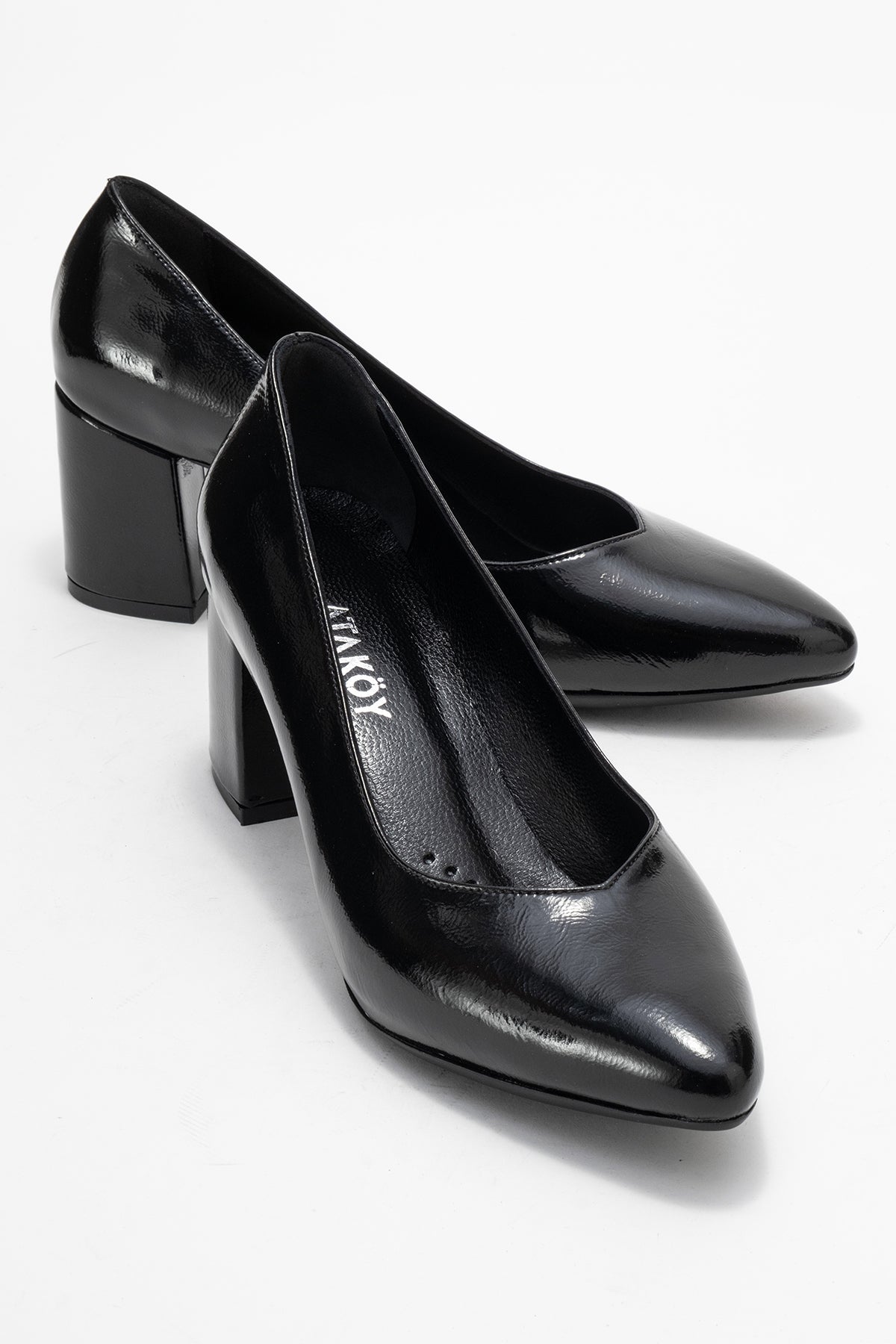 Kadın Hakiki Deri Siyah Dokulu Rugan Sivri Burun 7 cm Orta Kalın Topuklu Stiletto Margot