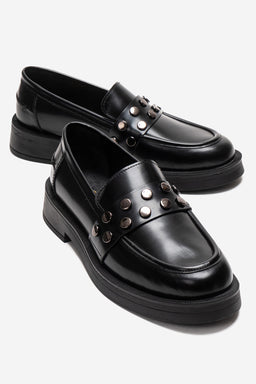 Kadın Hakiki Deri Siyah Açma Metal Zımbalı Kalın Taban Loafer Rimini