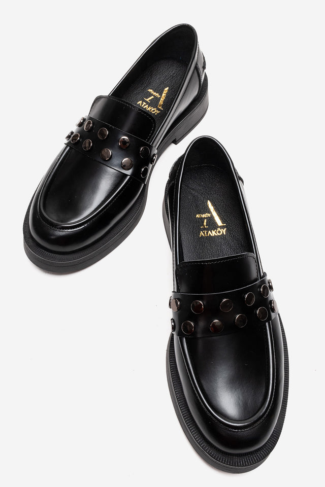 Kadın Hakiki Deri Siyah Açma Metal Zımbalı Kalın Taban Loafer Rimini