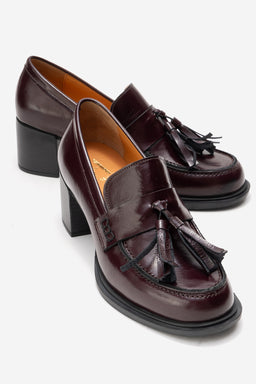 Kadın Hakiki Deri Bordo Dokulu Rugan Püskül Detaylı 6 cm Orta Kalın Topuklu Loafer Tatiana