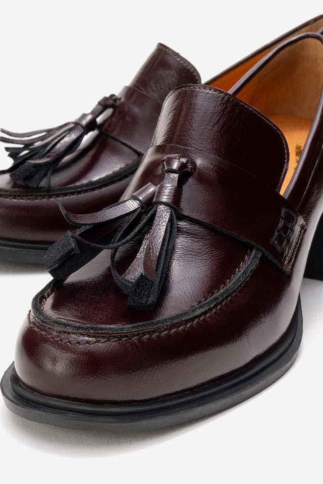 Kadın Hakiki Deri Bordo Dokulu Rugan Püskül Detaylı 6 cm Orta Kalın Topuklu Loafer Tatiana