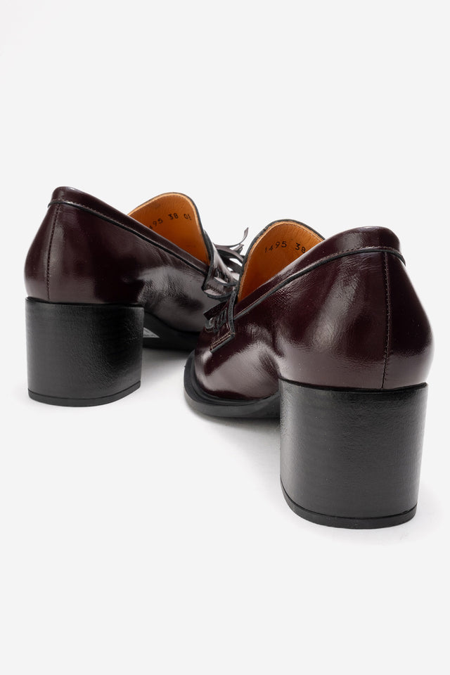 Kadın Hakiki Deri Bordo Dokulu Rugan Püskül Detaylı 6 cm Orta Kalın Topuklu Loafer Tatiana