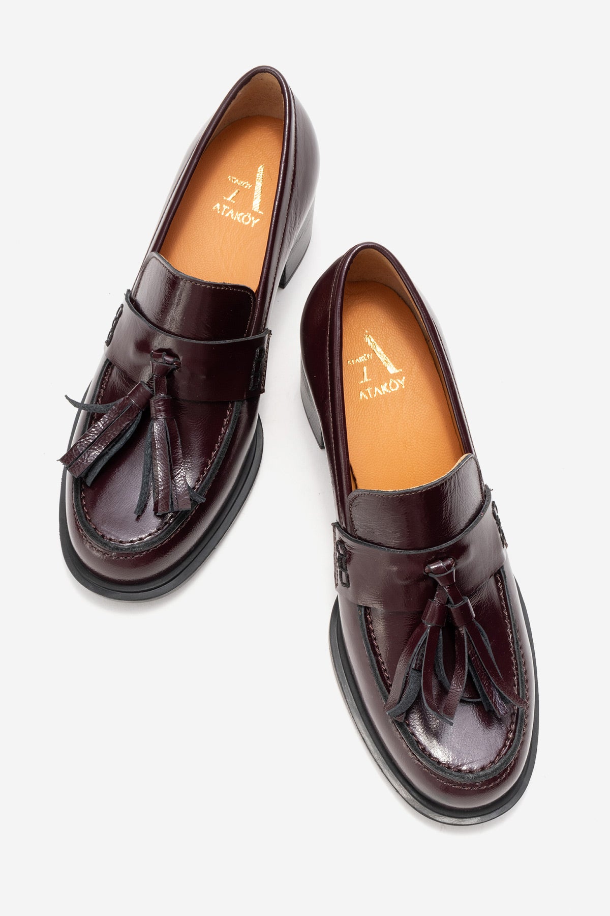 Kadın Hakiki Deri Bordo Dokulu Rugan Püskül Detaylı 6 cm Orta Kalın Topuklu Loafer Tatiana