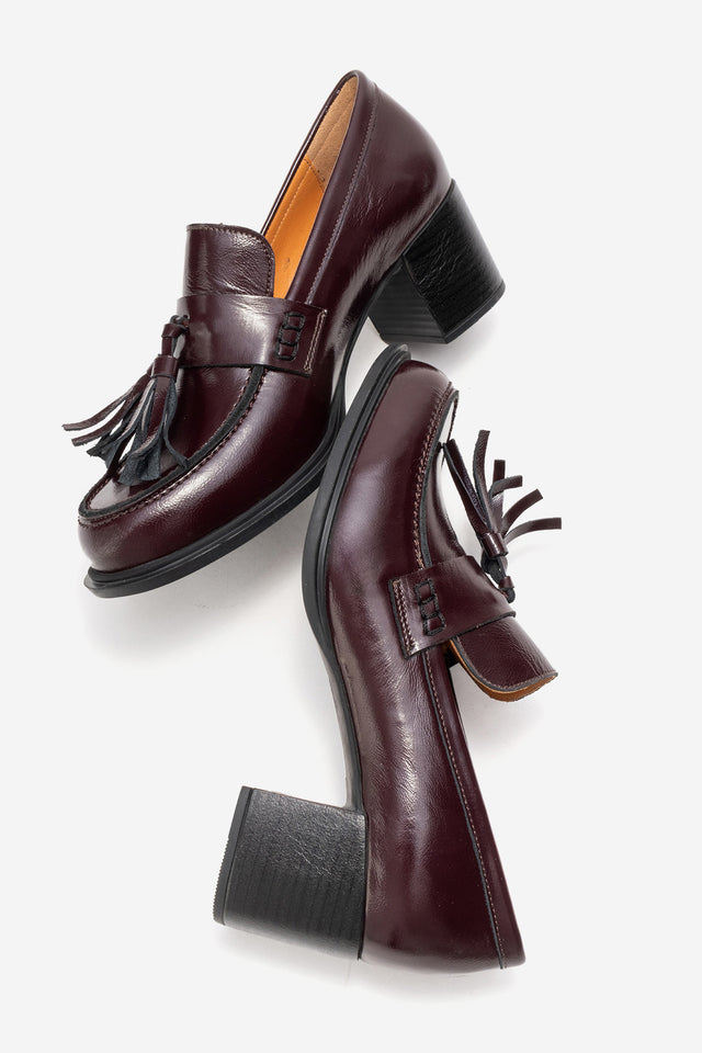Kadın Hakiki Deri Bordo Dokulu Rugan Püskül Detaylı 6 cm Orta Kalın Topuklu Loafer Tatiana