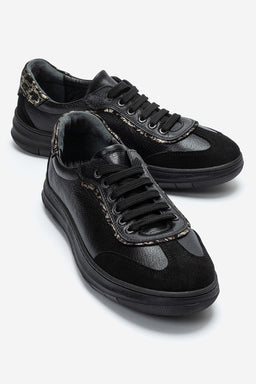 Kadın Hakiki Deri Siyah Süet Bağcıklı Kalın Tabanlı Sneaker Uma