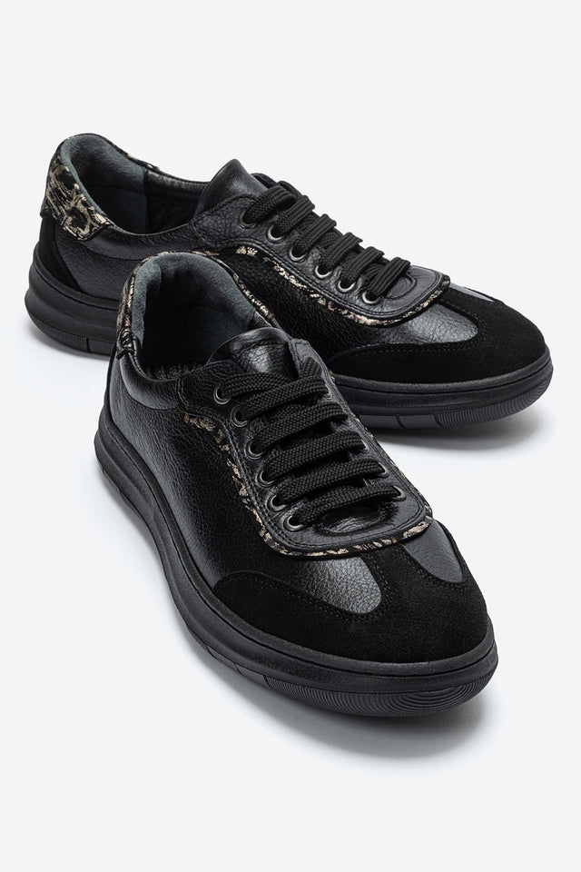 Kadın Hakiki Deri Siyah Süet Bağcıklı Kalın Tabanlı Sneaker Uma