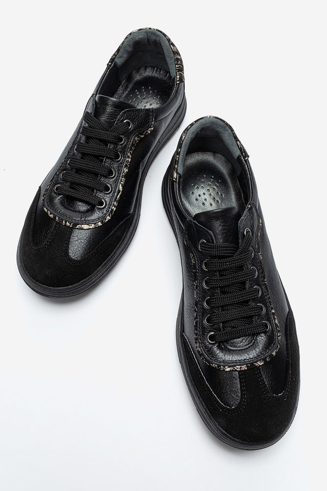 Kadın Hakiki Deri Siyah Süet Bağcıklı Kalın Tabanlı Sneaker Uma