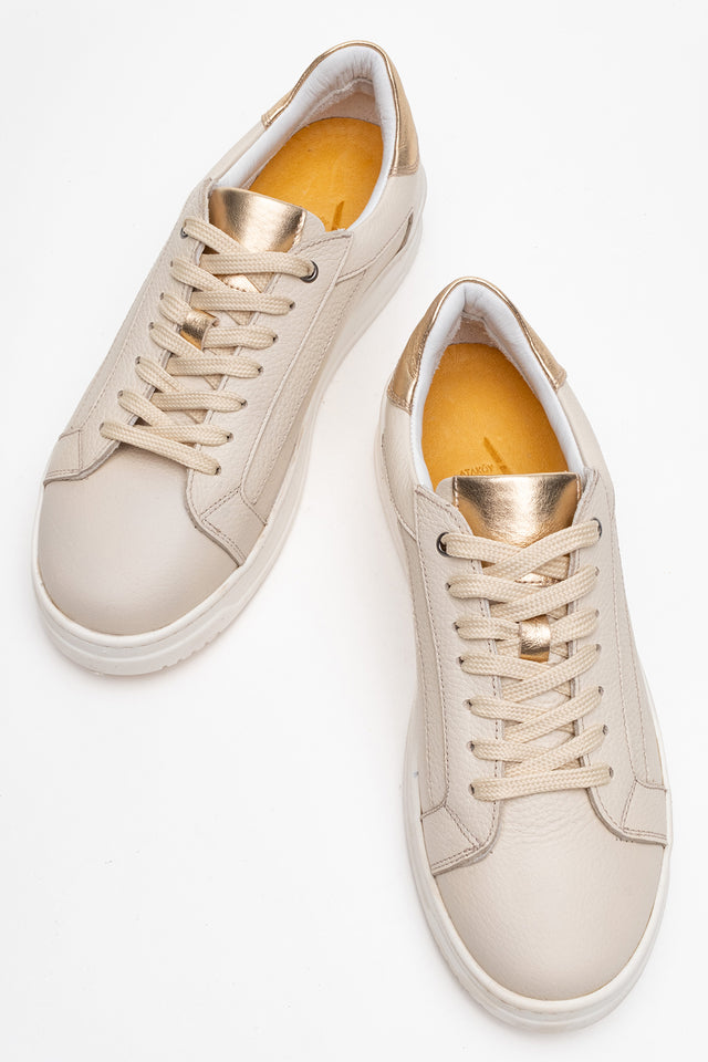 Kadın Hakiki Deri Bej Altın Floter Altın Detaylı Kalın Taban Sneaker Dara