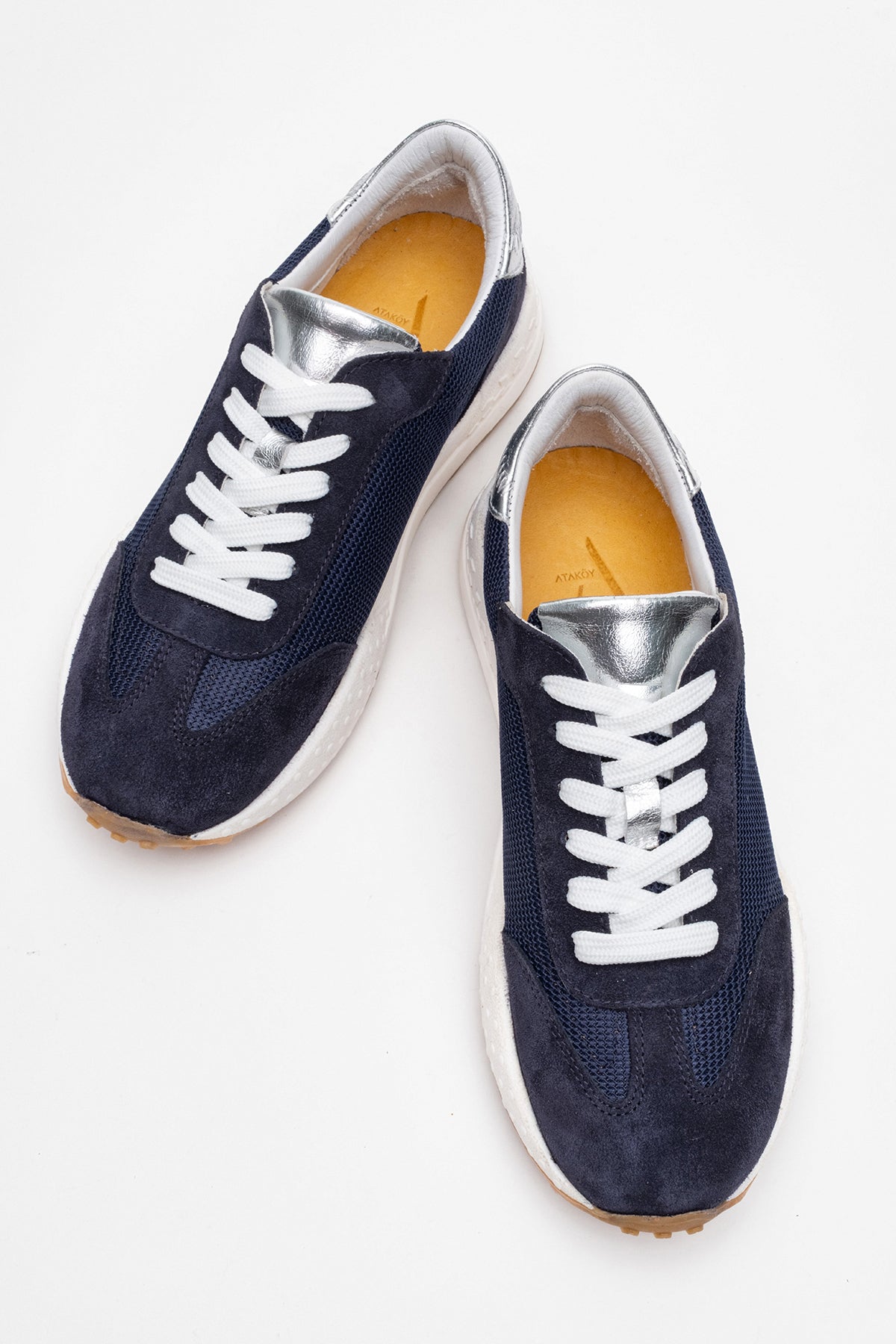 Kadın Hakiki Deri Lacivert Gümüş Süet File Detaylı Kauçuk Taban Sneaker Enia