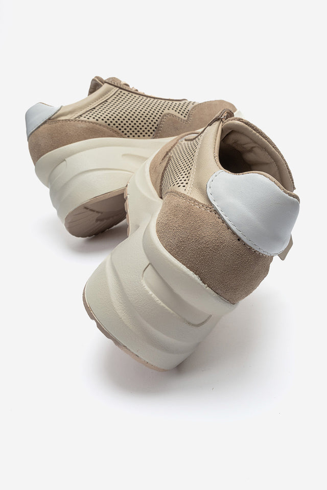 Kadın Hakiki Deri Bej Süet Lazer Kesim Dolgu Topuklu Sneaker Tia