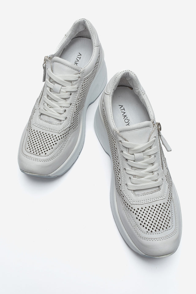 Kadın Hakiki Deri Beyaz Lazer Kesim Dolgu Topuklu Sneaker Tia