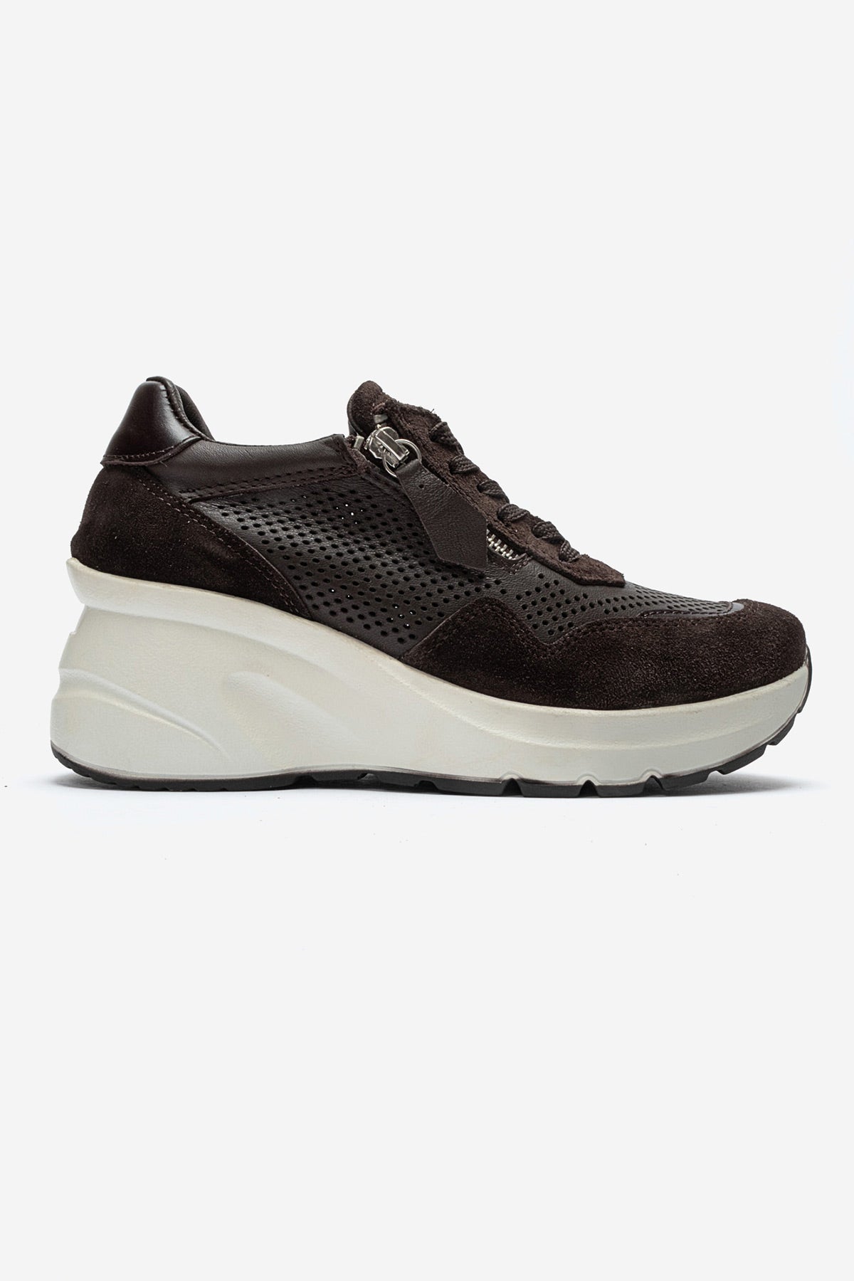 Kadın Hakiki Deri Kahve Süet Lazer Kesim Dolgu Topuklu Sneaker Tia
