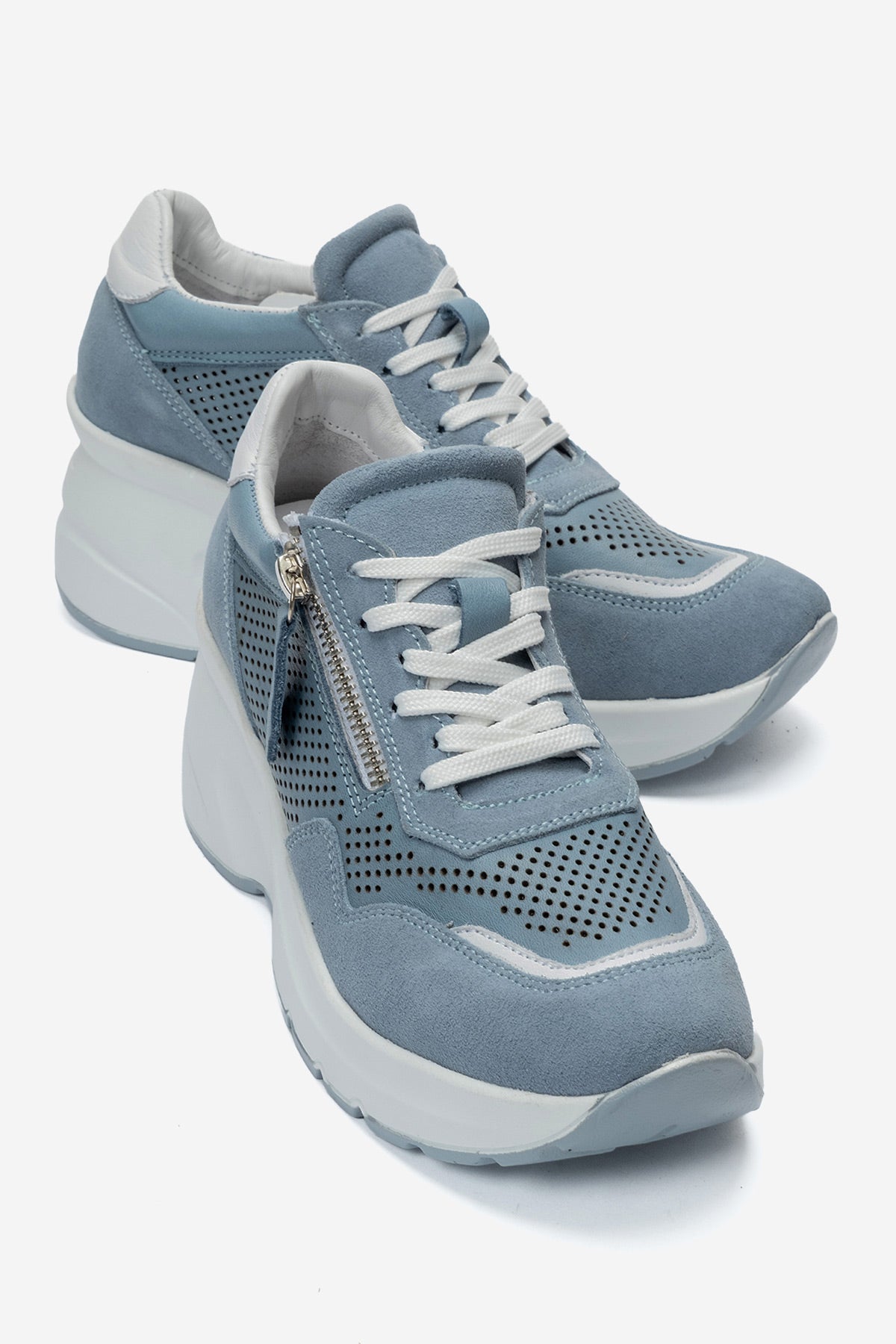 Kadın Hakiki Deri Mavi Süet Lazer Kesim Dolgu Topuklu Sneaker Tia