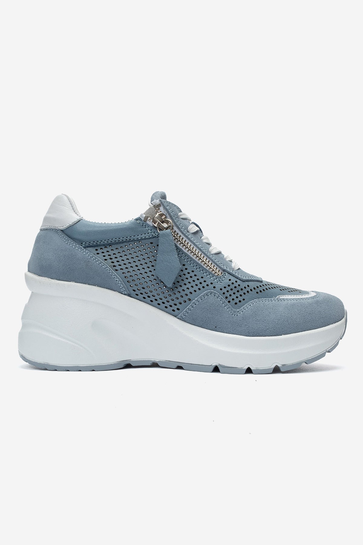 Kadın Hakiki Deri Mavi Süet Lazer Kesim Dolgu Topuklu Sneaker Tia