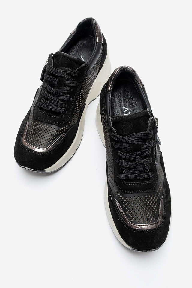 Kadın Hakiki Deri Siyah Süet Lazer Kesim Dolgu Topuklu Sneaker Tia