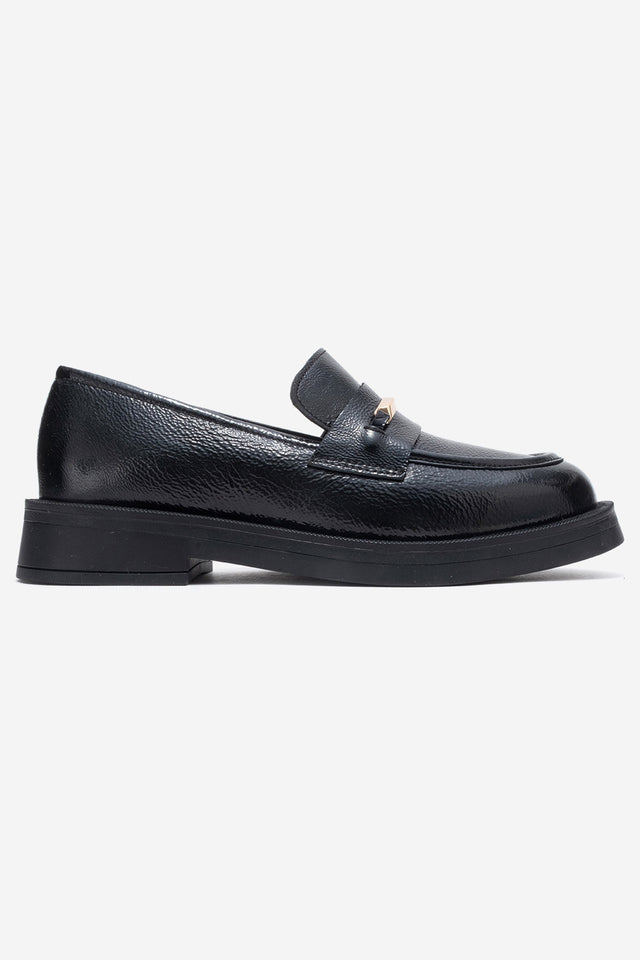 Kadın Hakiki Deri Siyah Dokulu Altın Metal Tokalı Kalın Taban Loafer Bolzano