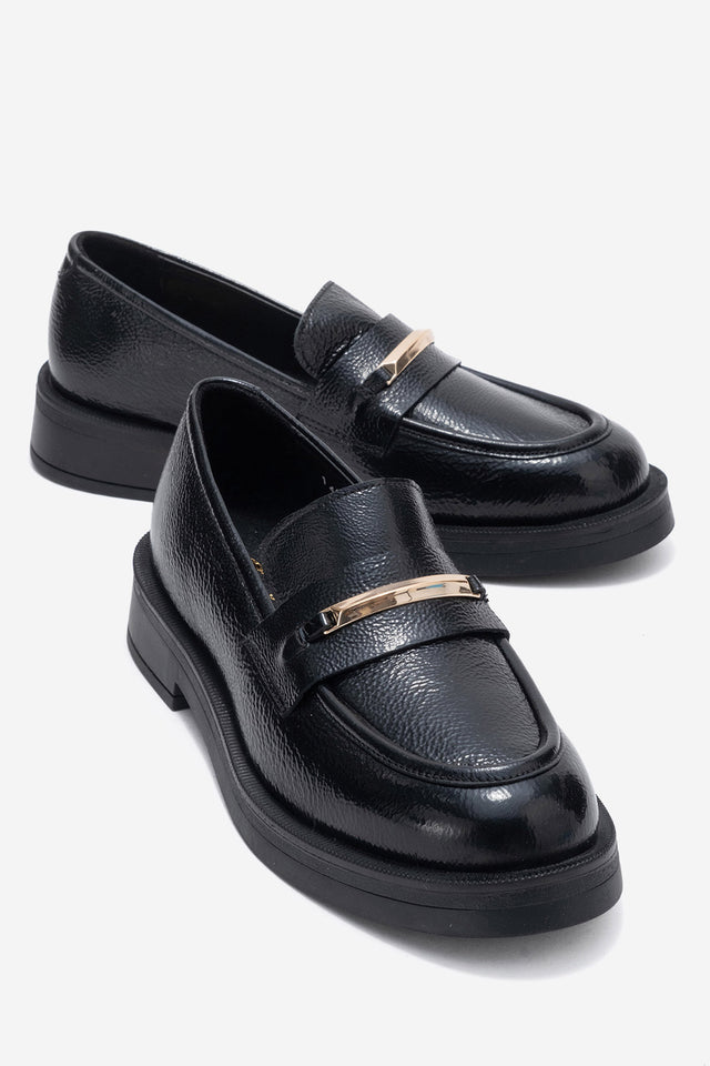 Kadın Hakiki Deri Siyah Dokulu Altın Metal Tokalı Kalın Taban Loafer Bolzano