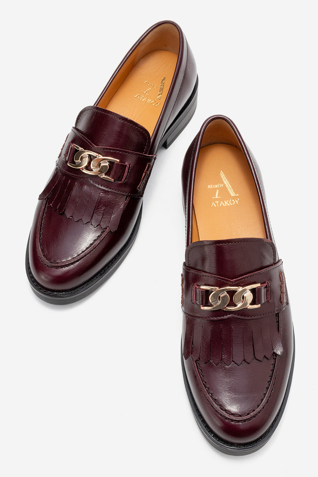 Kadın Hakiki Deri Bordo Saçaklı Altın Zincir Tokalı Loafer Cremona