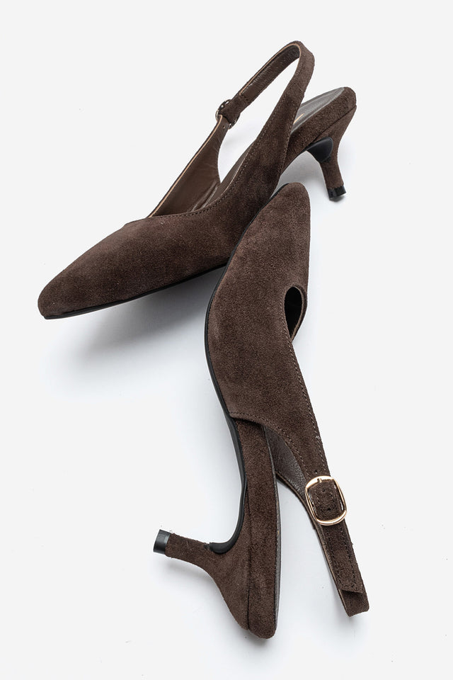 Kadın Hakiki Deri Kahve Süet Arkası Açık Kısa 6 cm Orta Topuklu Stiletto Sabrina