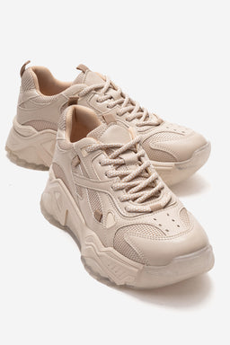 Kadın Bej Bağcıklı Kalın Tabanlı Platformlu Sneaker Sia