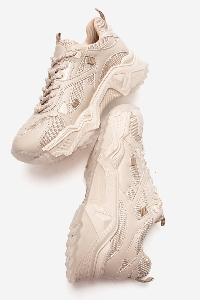 Kadın Bej Bağcıklı Kalın Tabanlı Platformlu Sneaker Sia