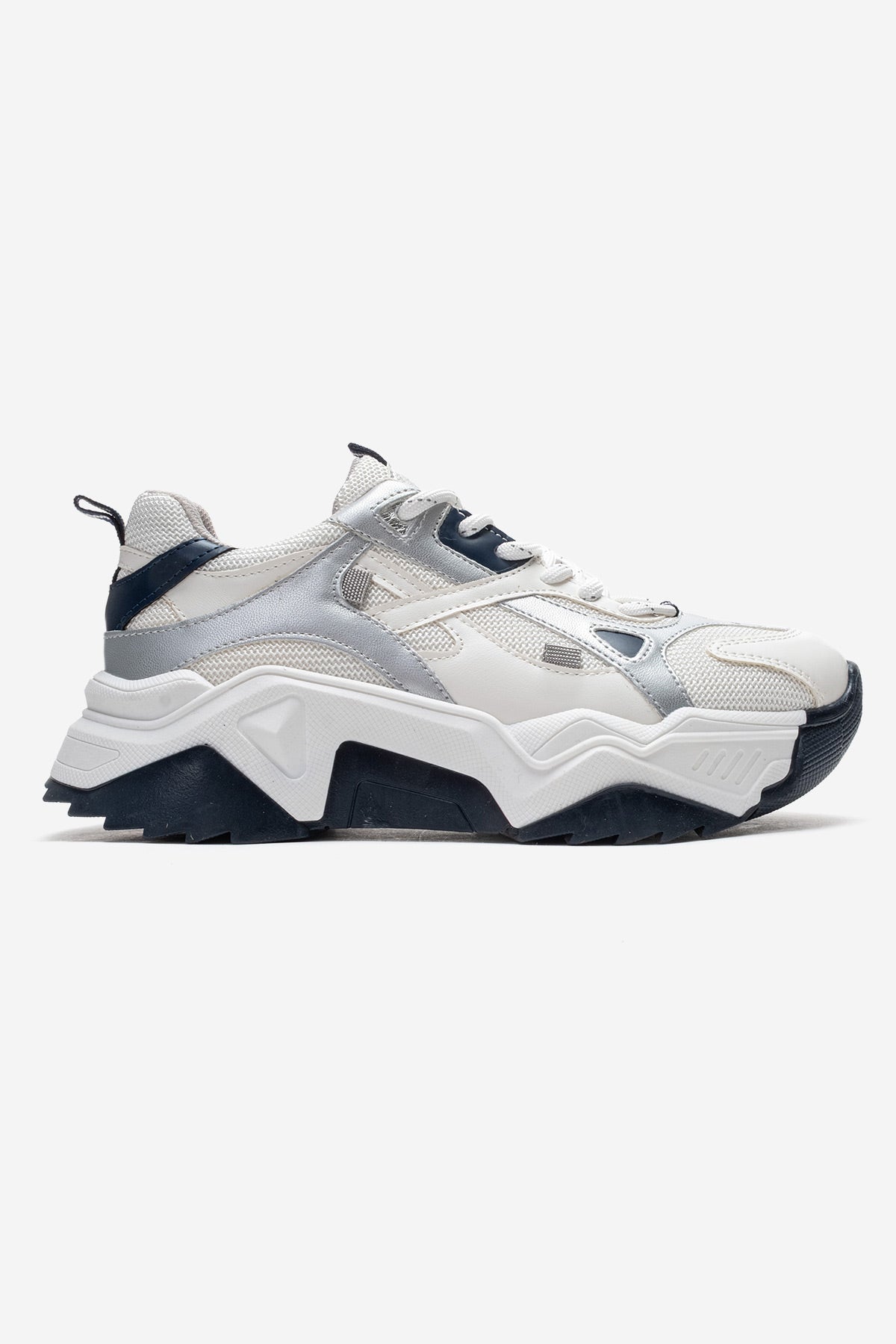 Kadın Beyaz Lacivert Bağcıklı Kalın Tabanlı Platformlu Sneaker Sia