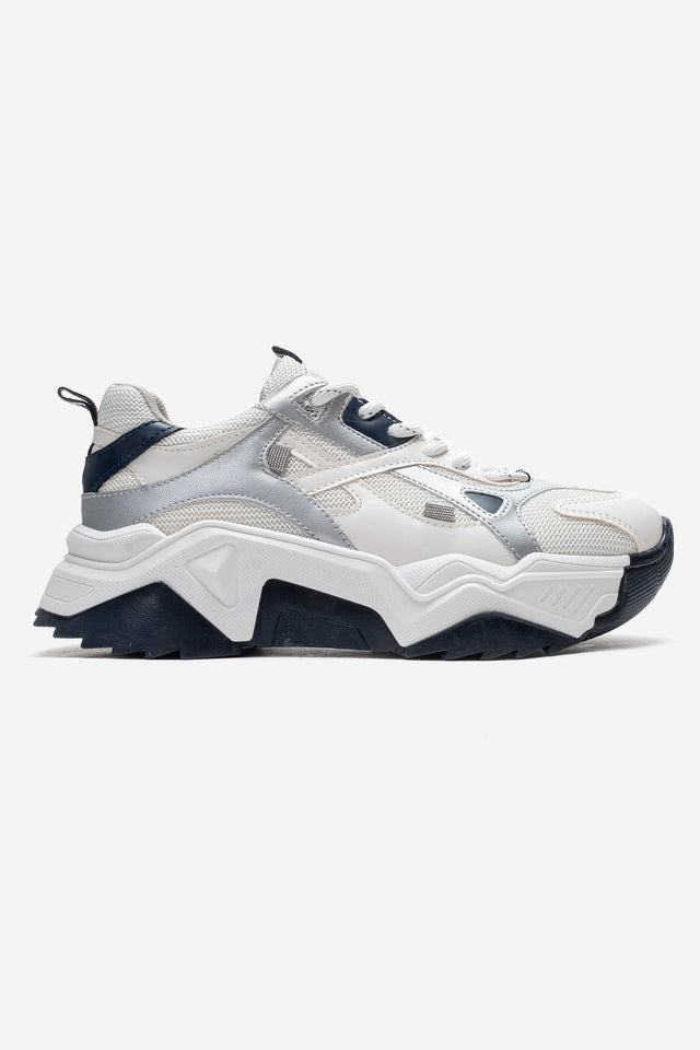 Kadın Beyaz Lacivert Bağcıklı Kalın Tabanlı Platformlu Sneaker Sia
