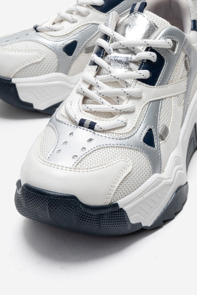 Kadın Beyaz Lacivert Bağcıklı Kalın Tabanlı Platformlu Sneaker Sia