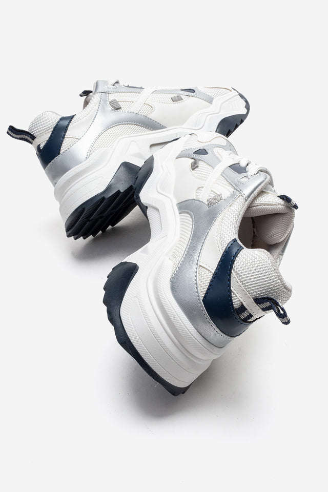 Kadın Beyaz Lacivert Bağcıklı Kalın Tabanlı Platformlu Sneaker Sia