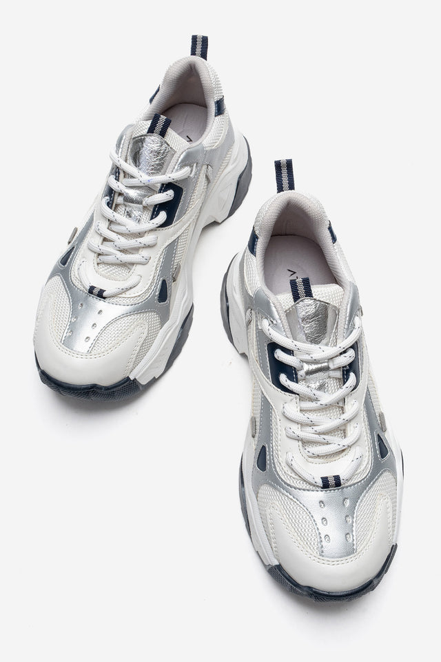 Kadın Beyaz Lacivert Bağcıklı Kalın Tabanlı Platformlu Sneaker Sia