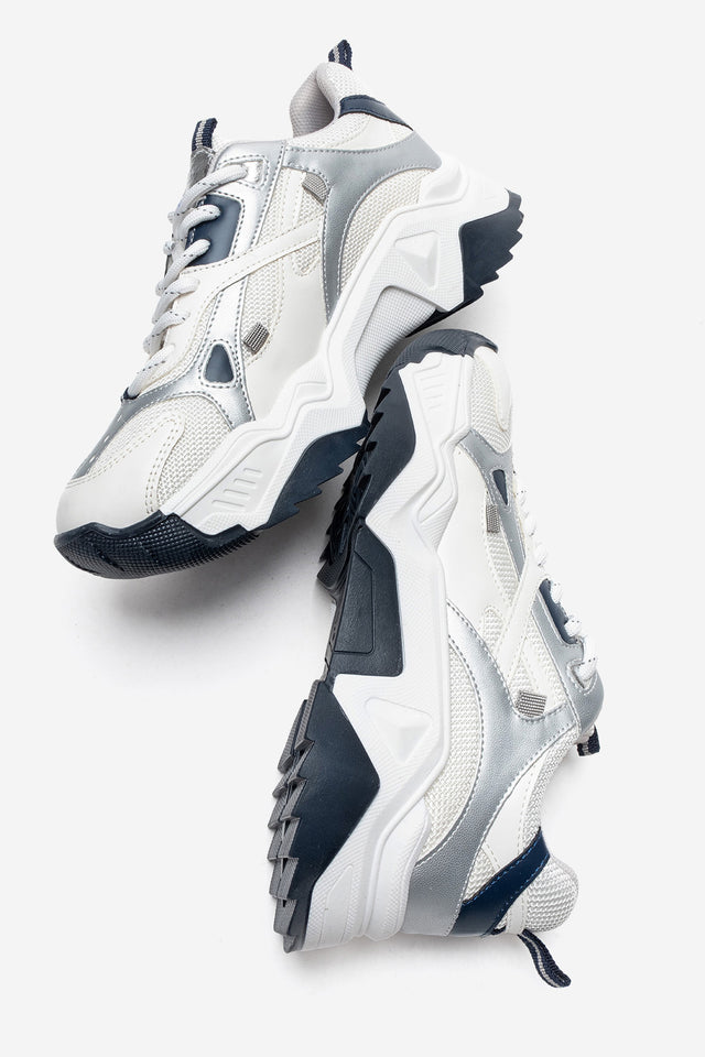 Kadın Beyaz Lacivert Bağcıklı Kalın Tabanlı Platformlu Sneaker Sia