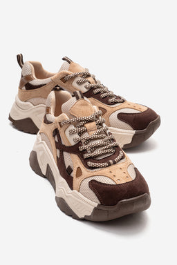 Kadın Kahve Çok Renkli Süet Bağcıklı Kalın Tabanlı Platformlu Sneaker Sia