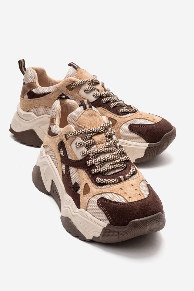 Kadın Kahve Çok Renkli Süet Bağcıklı Kalın Tabanlı Platformlu Sneaker Sia
