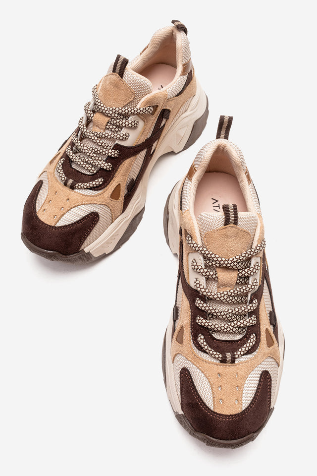 Kadın Kahve Çok Renkli Süet Bağcıklı Kalın Tabanlı Platformlu Sneaker Sia