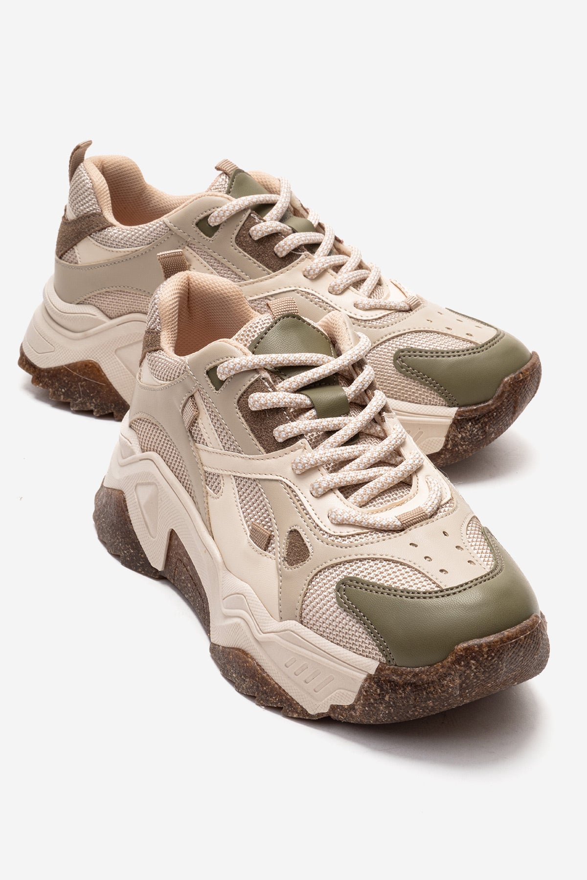 Kadın Yeşil Bej Çok Renkli Bağcıklı Kalın Tabanlı Platformlu Sneaker Sia