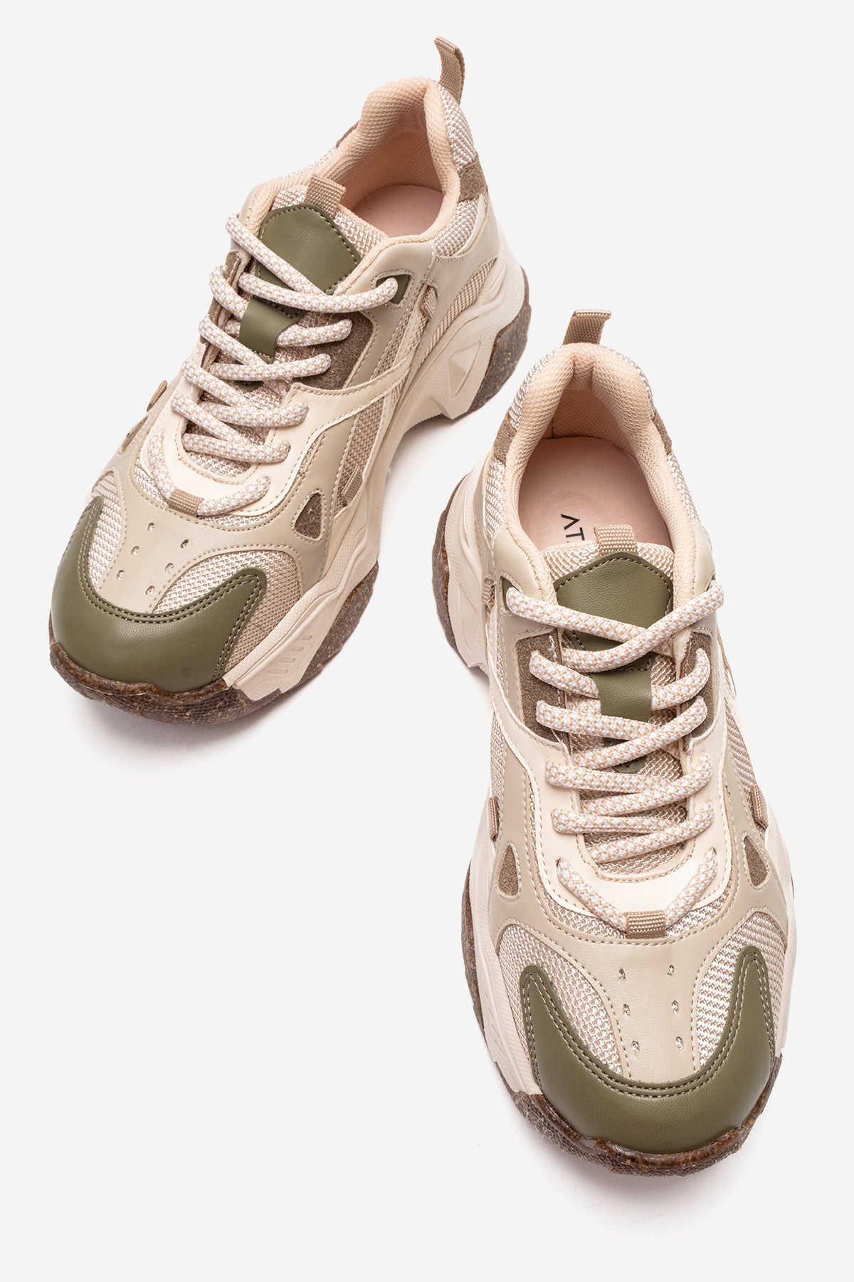 Kadın Yeşil Bej Çok Renkli Bağcıklı Kalın Tabanlı Platformlu Sneaker Sia