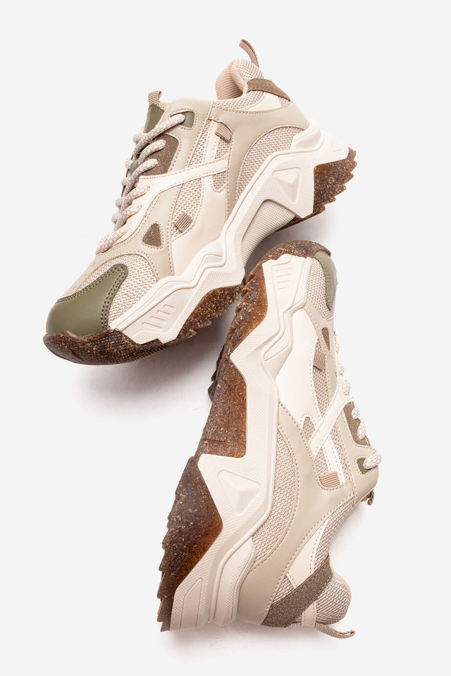 Kadın Yeşil Bej Çok Renkli Bağcıklı Kalın Tabanlı Platformlu Sneaker Sia