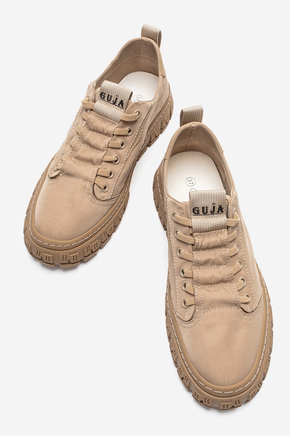 Kadın Bej Bağcıklı Kalın Kauçuk Tabanlı Sneaker Ayakkabı Kaia