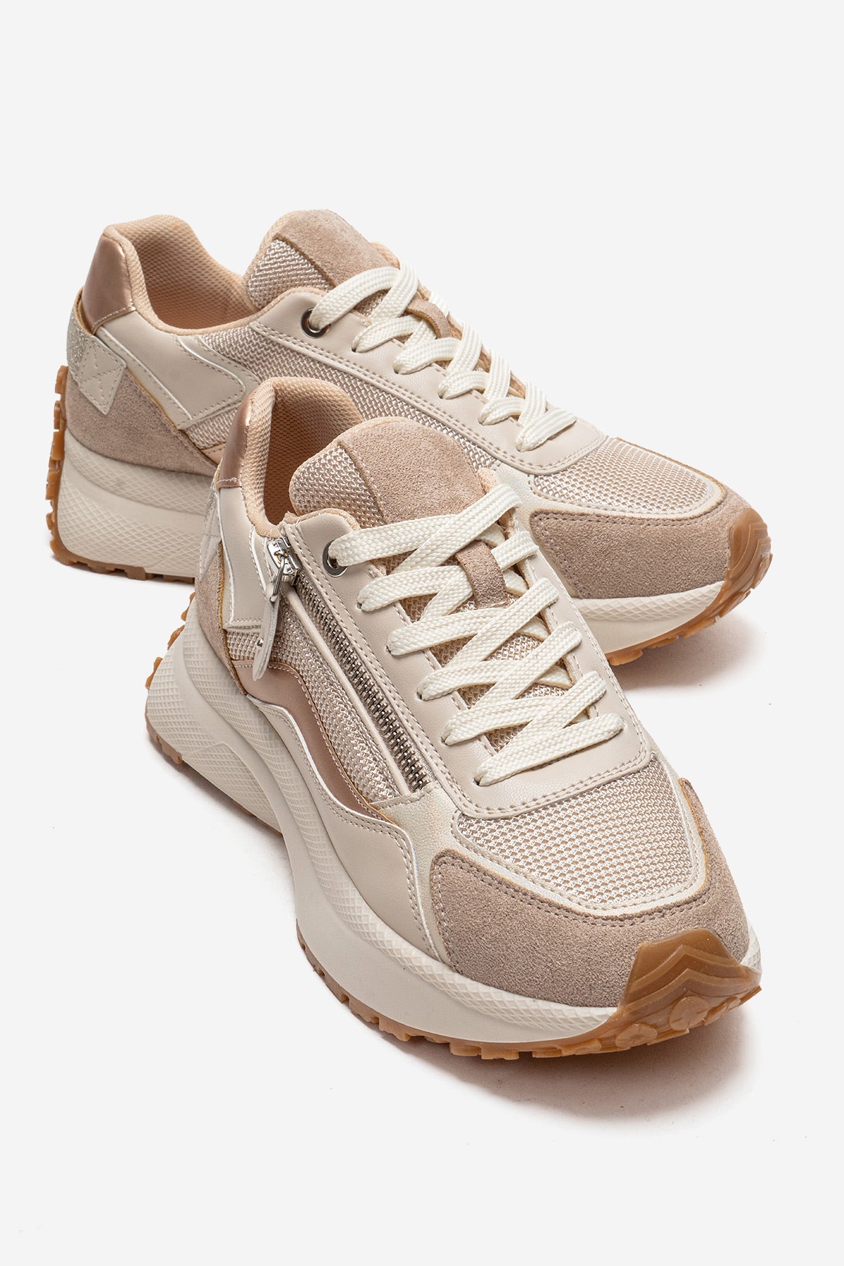 Kadın Bej Gül Kurusu Bağcıklı Fermuarlı Kalın Tabanlı Sneaker Ria